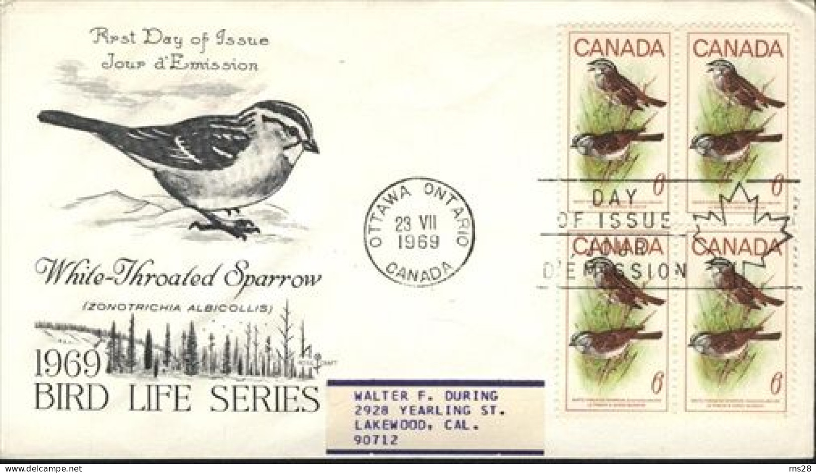 Canada  FDC  White-Throated Sparrow Block Of 4  Sc 496 - 1961-1970