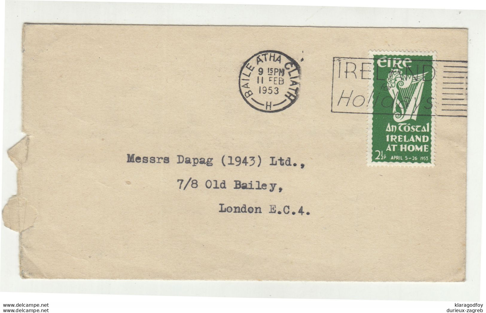 Ireland Letter Cover Posted 1953 To London - Ireland Holidays Slogan Postmark 210201 - Briefe U. Dokumente