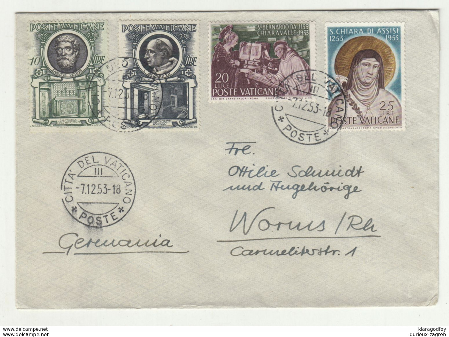 Vatican Letter Cover Posted 1953 To Worms 210201 - Storia Postale