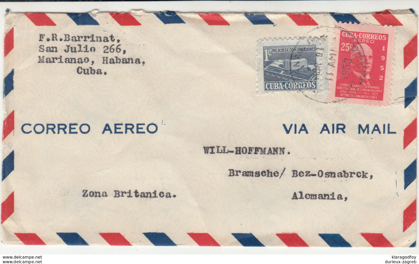 Cuba Air Mail Letter Cover Posted 1953 To Germany B200120 - Briefe U. Dokumente