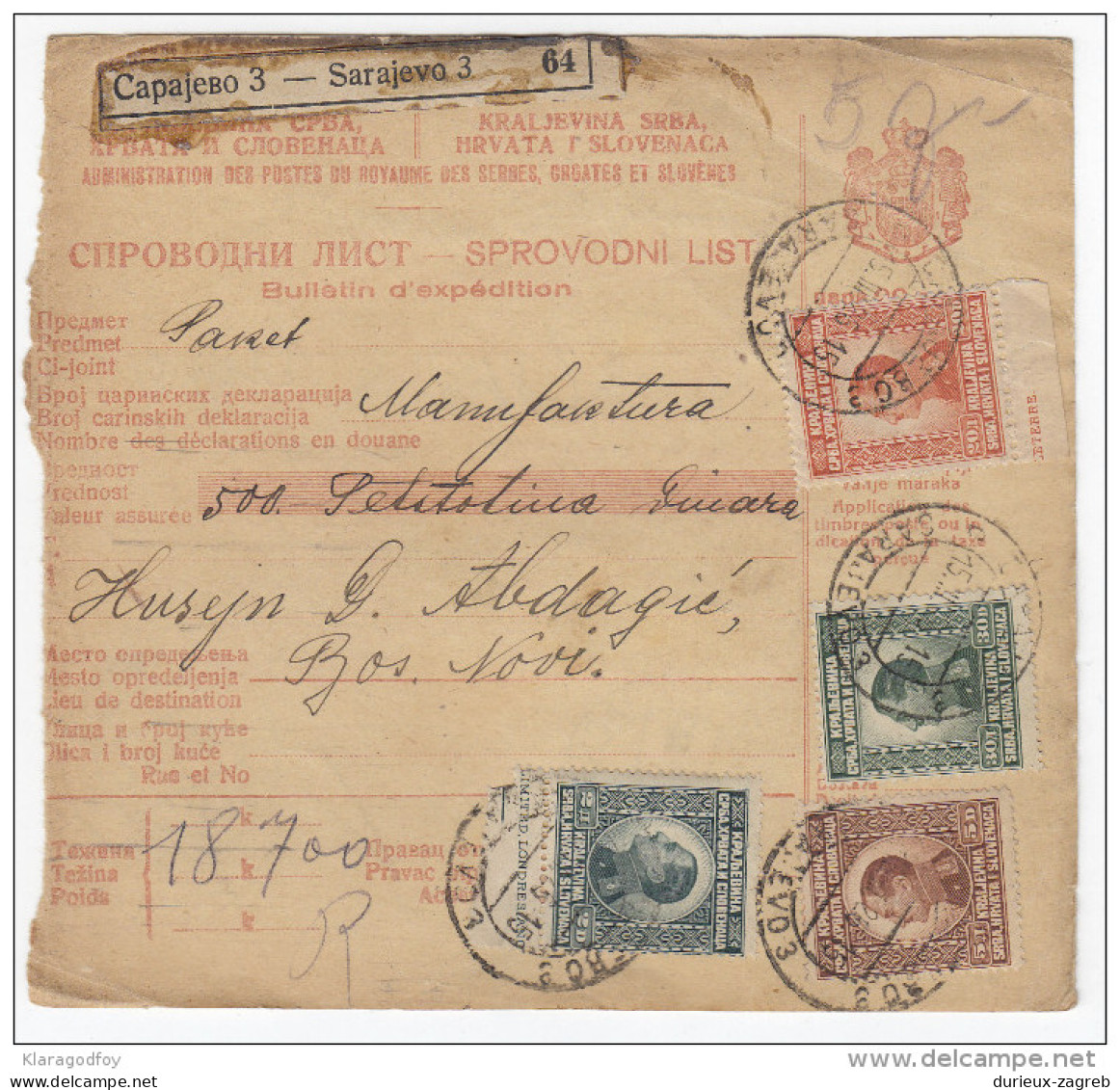 Kingdom SHS Parcel Card Sprovodni List 1926 Sarajevo - Bosanski Novi Bb160225 - Sonstige & Ohne Zuordnung