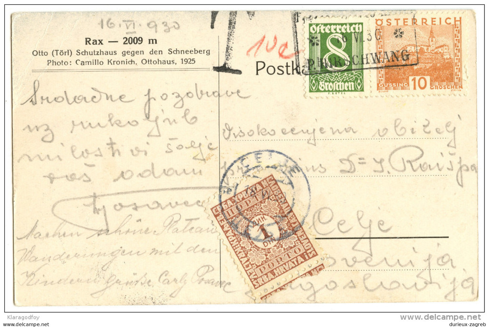 Rax Old Postcard Travelled 1930 To Yugoslavia Ported On Arrival Bb - Raxgebiet