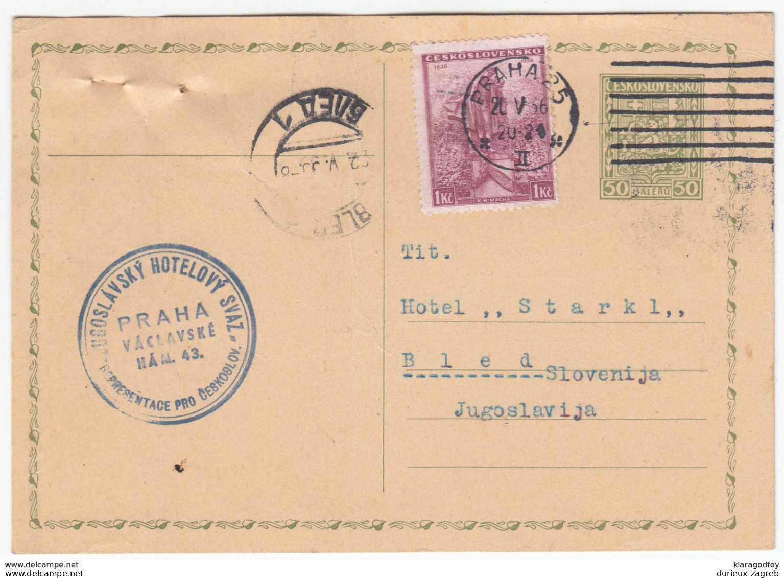 Czechoslovakia Postal Stationery Postcard Travelled 1936 To Bled Slovenija Bb170325 - Cartes Postales