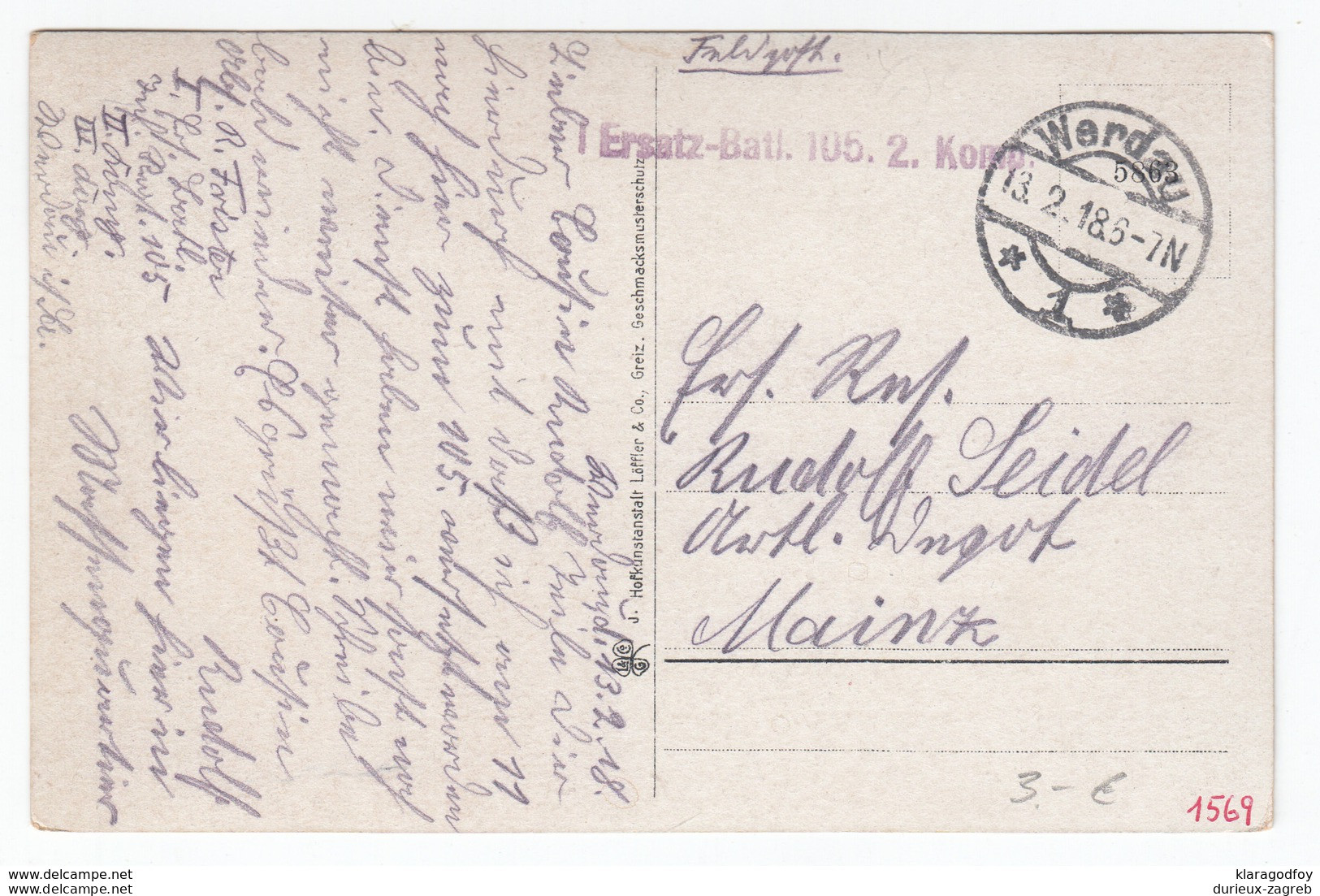 Werdau Rathasus Old Postcard Travelled 1918 1 Ersatz-Bathl. 105. 2. Komp. FELDPOST To Mainz Bb161110 - Werdau