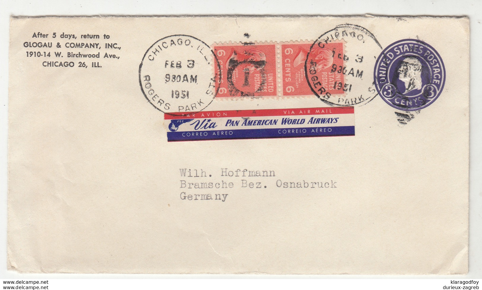 Glogau & Company, Chicago Postal Stationery Letter Cover Travelled Air Mail Pan American 1951 To Germany B190701 - 1941-60