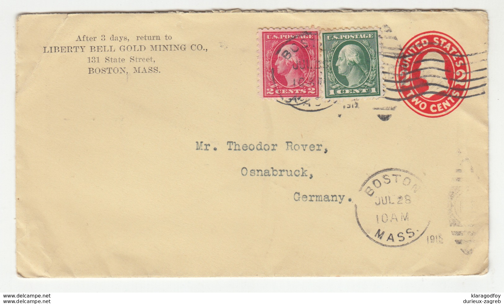 Liberty Bell Gold Mining Co., Boston Postal Stationery Letter Cover Travelled 1915? To Germany B190701 - 1901-20