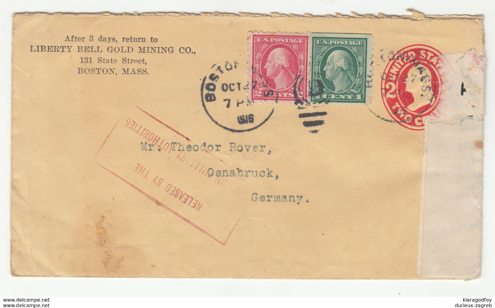 Liberty Bell Gold Mining Co., Boston Postal Stationery Letter Cover Travelled 1916 To Germany Opened By Censor B190701 - 1901-20