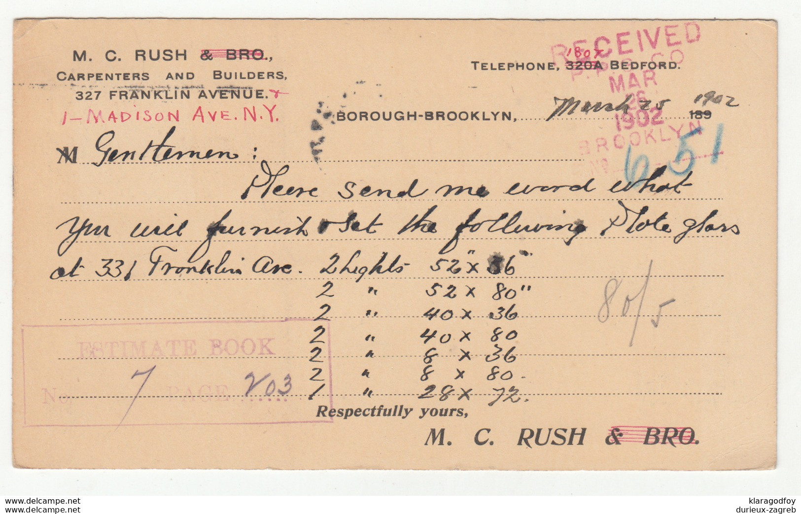 M.C. Rush, NY Preprinted Postal Stationery Postcard Travelled 1902 B190701 - 1901-20