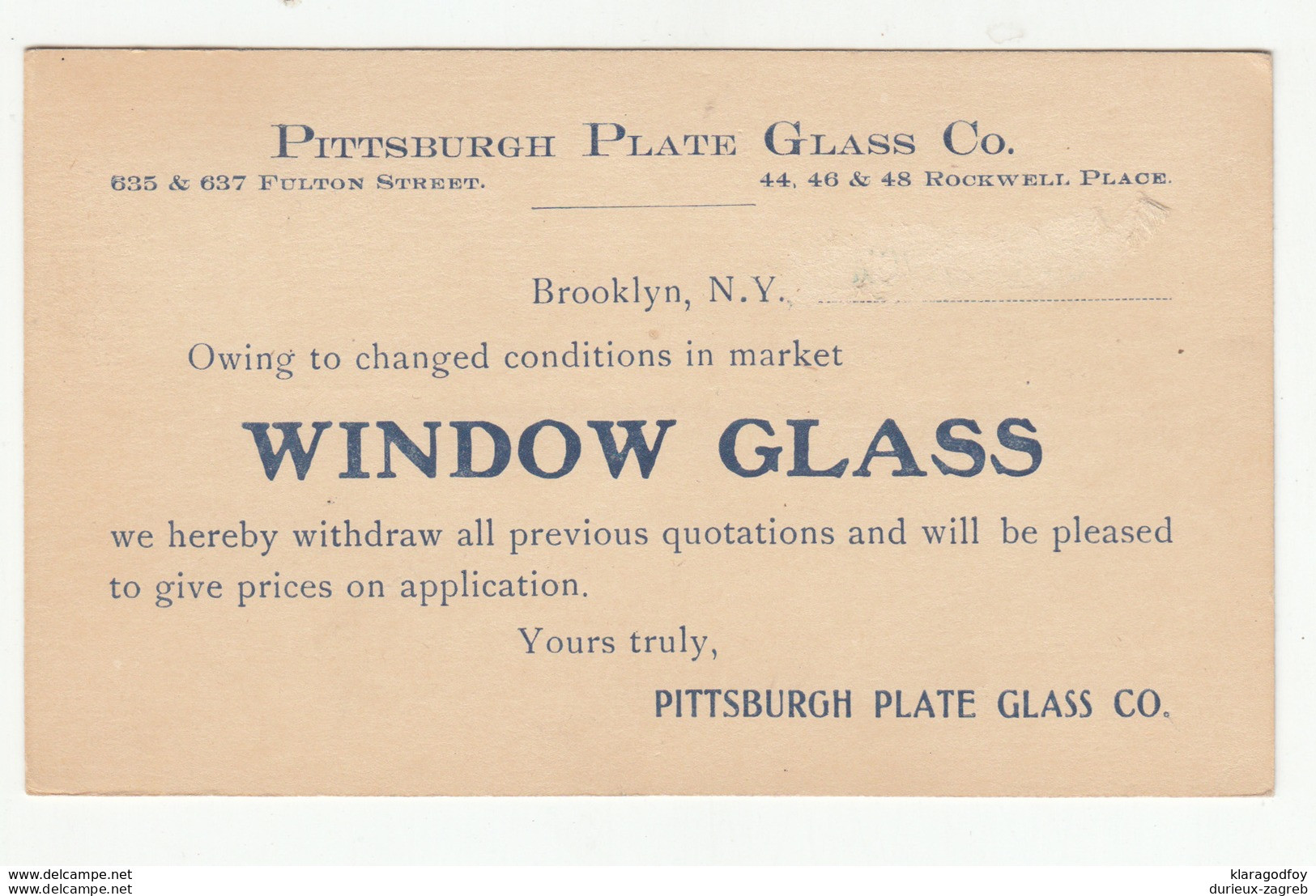 Pittsburgh Plate Glass Co. Preprinted Postal Stationery Postcard B190701 - 1901-20