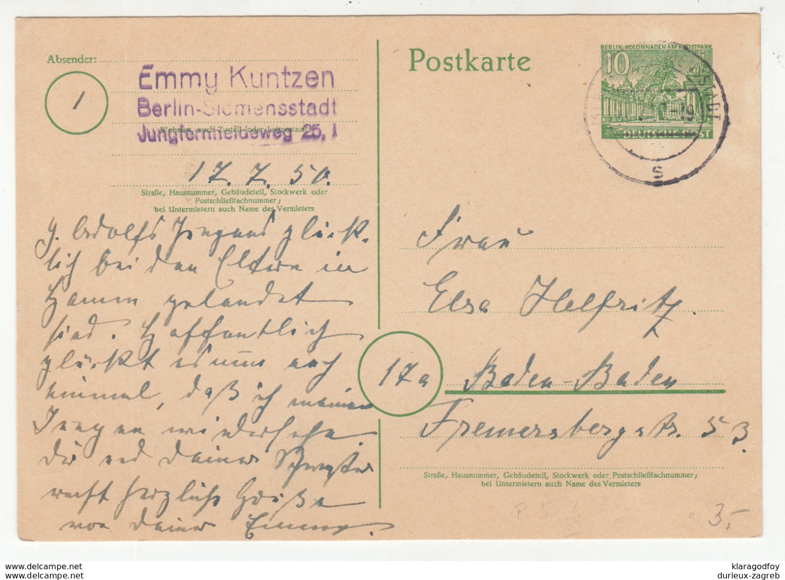 Berlin Postal Stationery Postcard Postkarte Travelled 1950 B190510 - Cartes Postales - Oblitérées