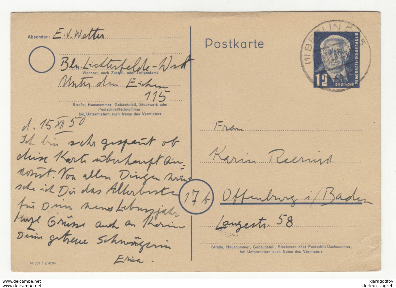 Germany DDR Postal Stationery Postcard Posted 1950 Berlin To Offenburg B191114 - Postales - Usados