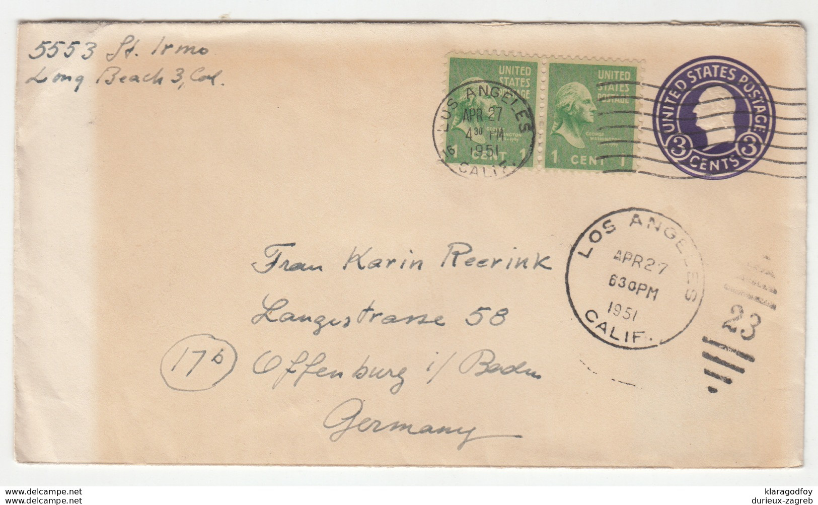 US, Postal Stationery Letter Cover Travelled 1951 Los Angeles Pmk B190401 - 1941-60