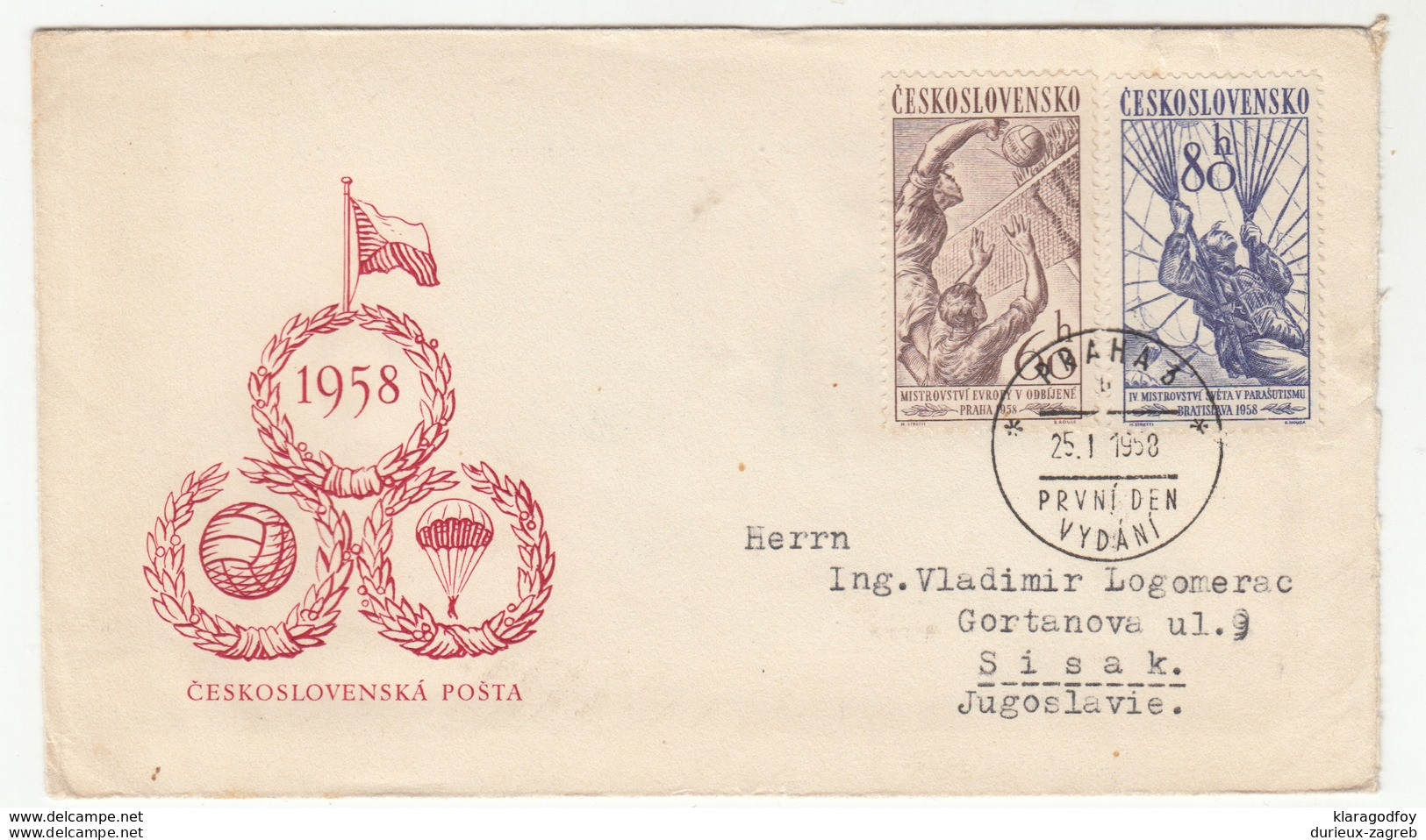 Czechoslovakia, Volleyball & Parachutting Championships 1958 FDC Travelled 1958 B190320 - Paracaidismo