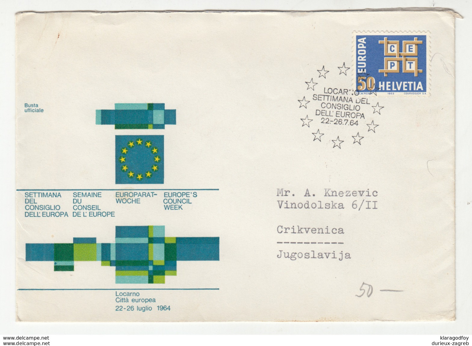 Europe's Council Week Locarno 1964 Illustrated Letter Cover And Pmk Travelled To Crikvenica B190320 - 1964