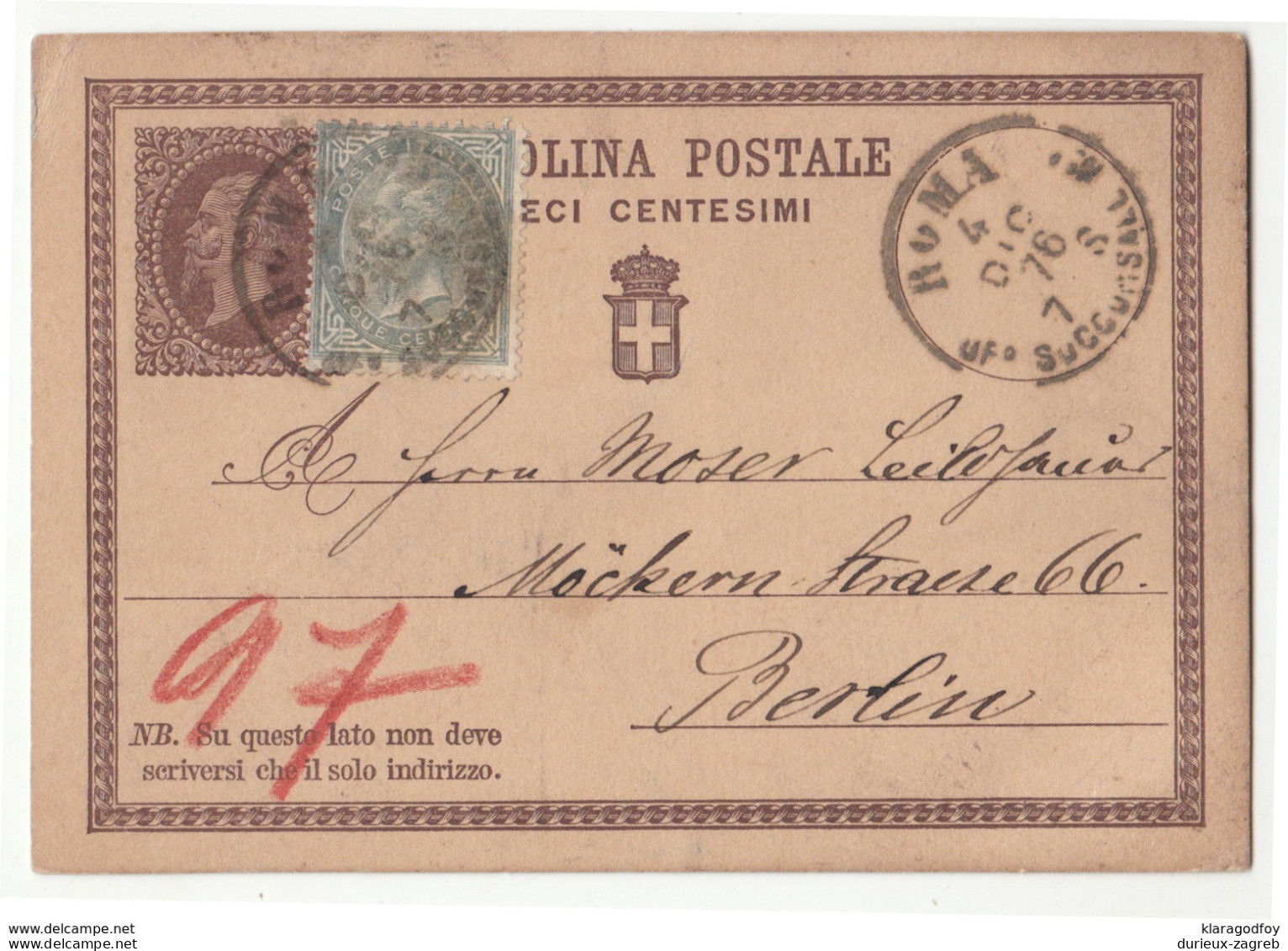 Italy Postal Stationery Postcard Cartolina Postale Travelled 1876 Roma To Berlin - Uprated B180715 - Stamped Stationery