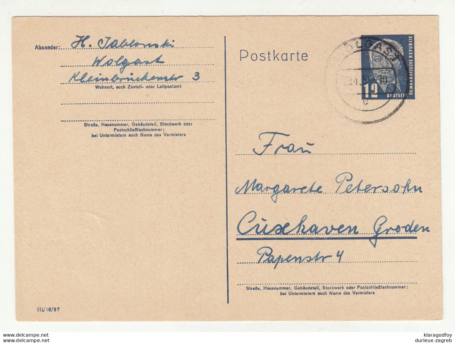 DDR, Postal Stationery Postkarte Posted 1955 Wolgast Pmk B210725 - Postkarten - Gebraucht