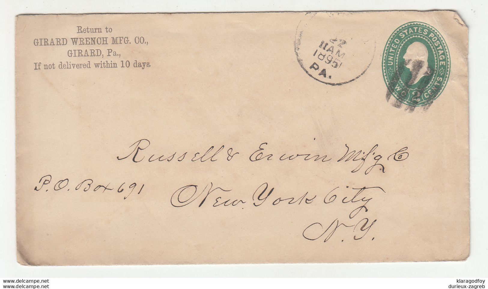 Girard Wrench Mfg. Co. Pre-printed Postal Stationery Letter Cover Posted 1895 Girard PA B210725 - ...-1900