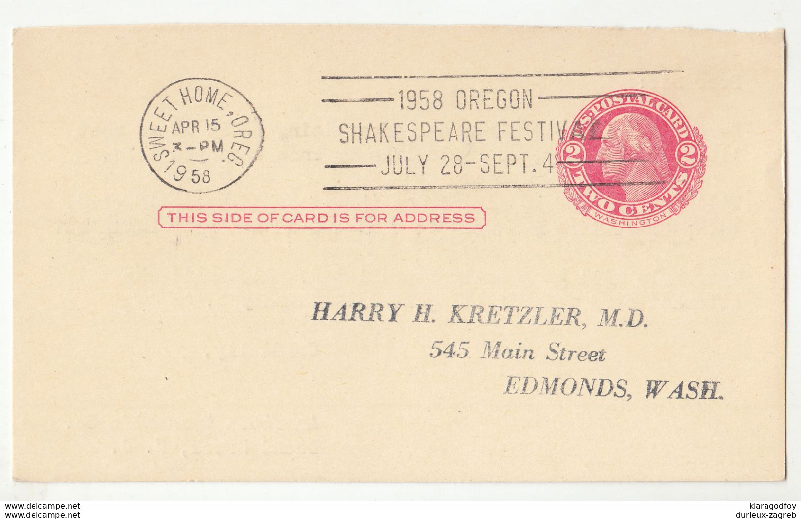 US, 1958 Oregon Shakespeare Festival Slogan Pmk On Postal Stationery Postal Card Posted 1958 Sweet Home Pmk B210710 - 1941-60