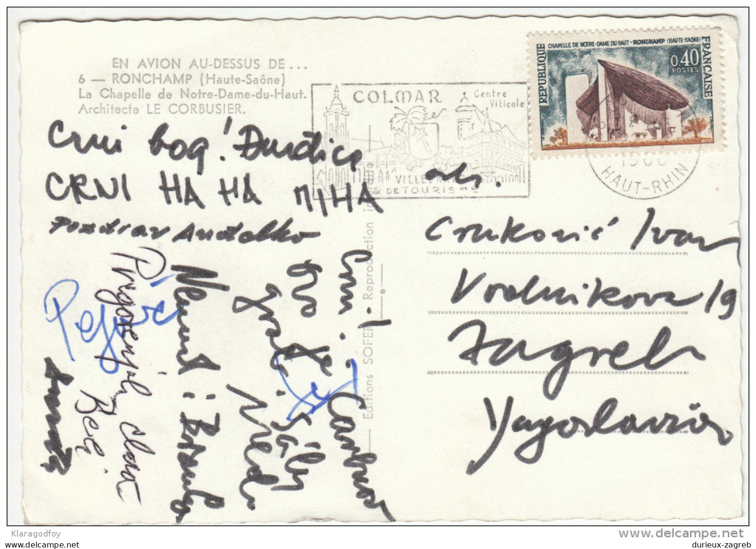 Le Corbusier Chapel Of Notre Dame Du Haut In Ronchamp Old Postcard Travelled 1966 Bb161020 - Eglises Et Cathédrales