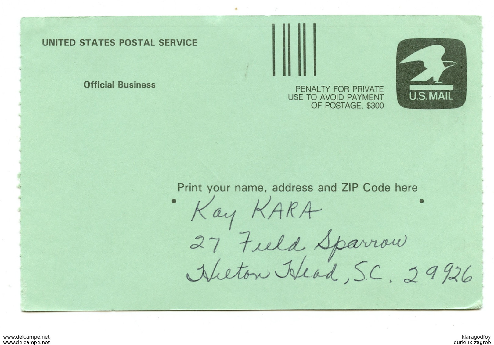 USA USPS Official Business Postal Stationery Postcard Posted 1994? B200401 - 1961-80