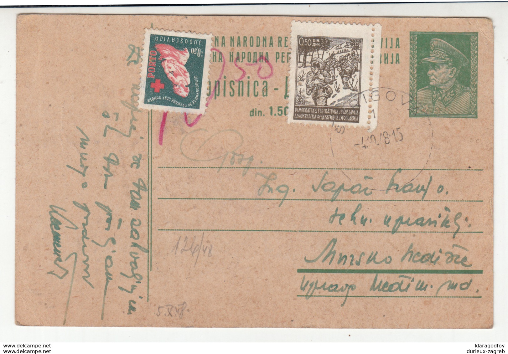 Red Cross 1948 Postage Due Porto Postal Tax Stamp On Postal Stationery Postcard Posted Štrigova To Mursko Središće200320 - Bienfaisance