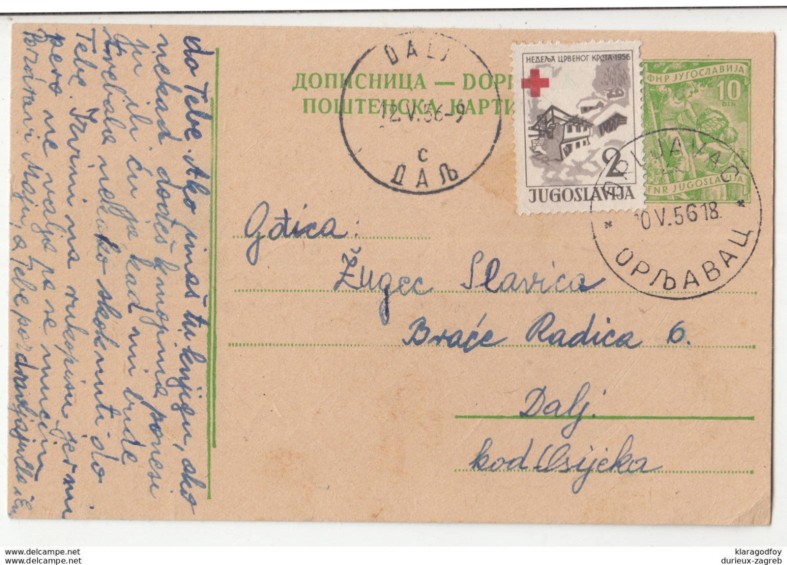 Red Cross 1956 Postal Tax Stamp On Postal Stationery Postcard Posted Orljavac To Dalj B200320 - Beneficenza