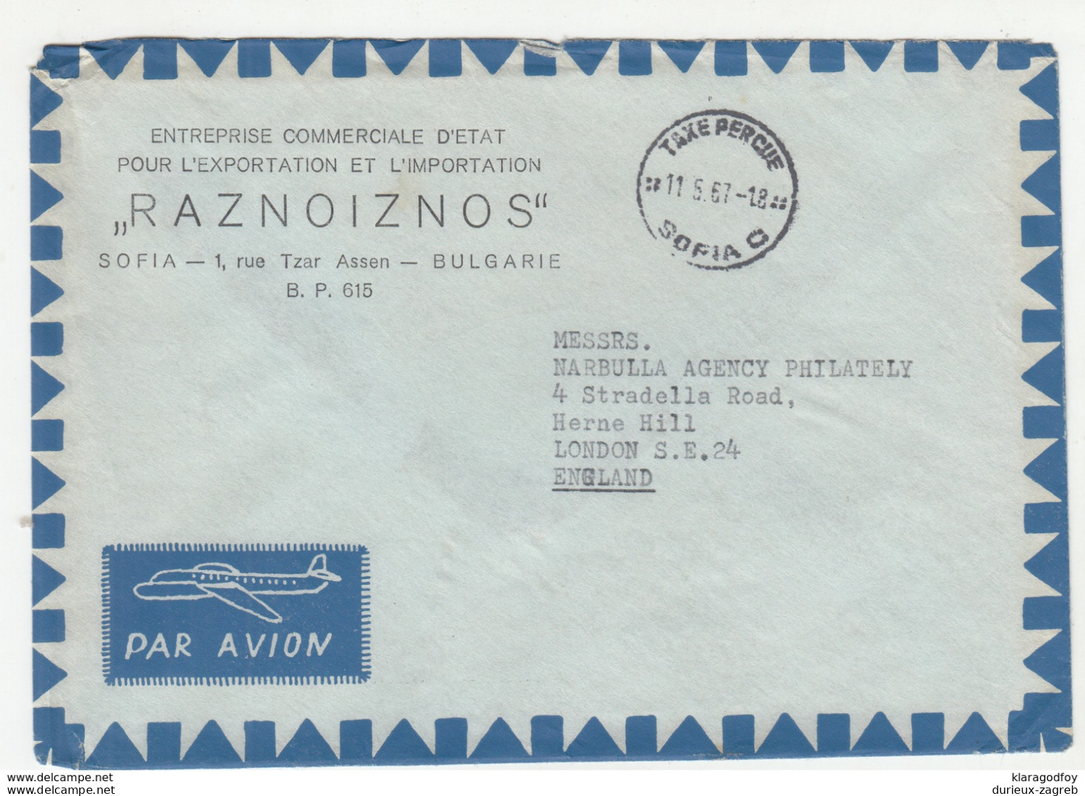 Raznoiznos, Sofia Company Air Mail Letter Posted 1967 To England - Taxe Percue B200320 - Covers & Documents