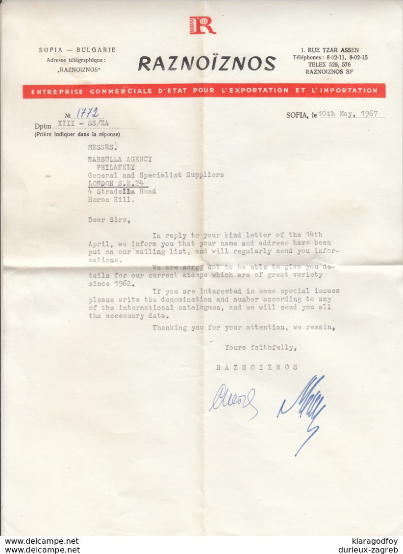 Raznoiznos, Sofia Company Air Mail Letter Posted 1967 To England - Taxe Percue B200320 - Brieven En Documenten