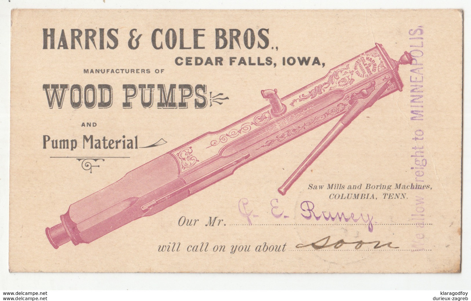 Haris & Cole Wood Pumps Cedar Falls Company Illustrated Postal Stationery Postcard Posted 1894 B200310 - ...-1900