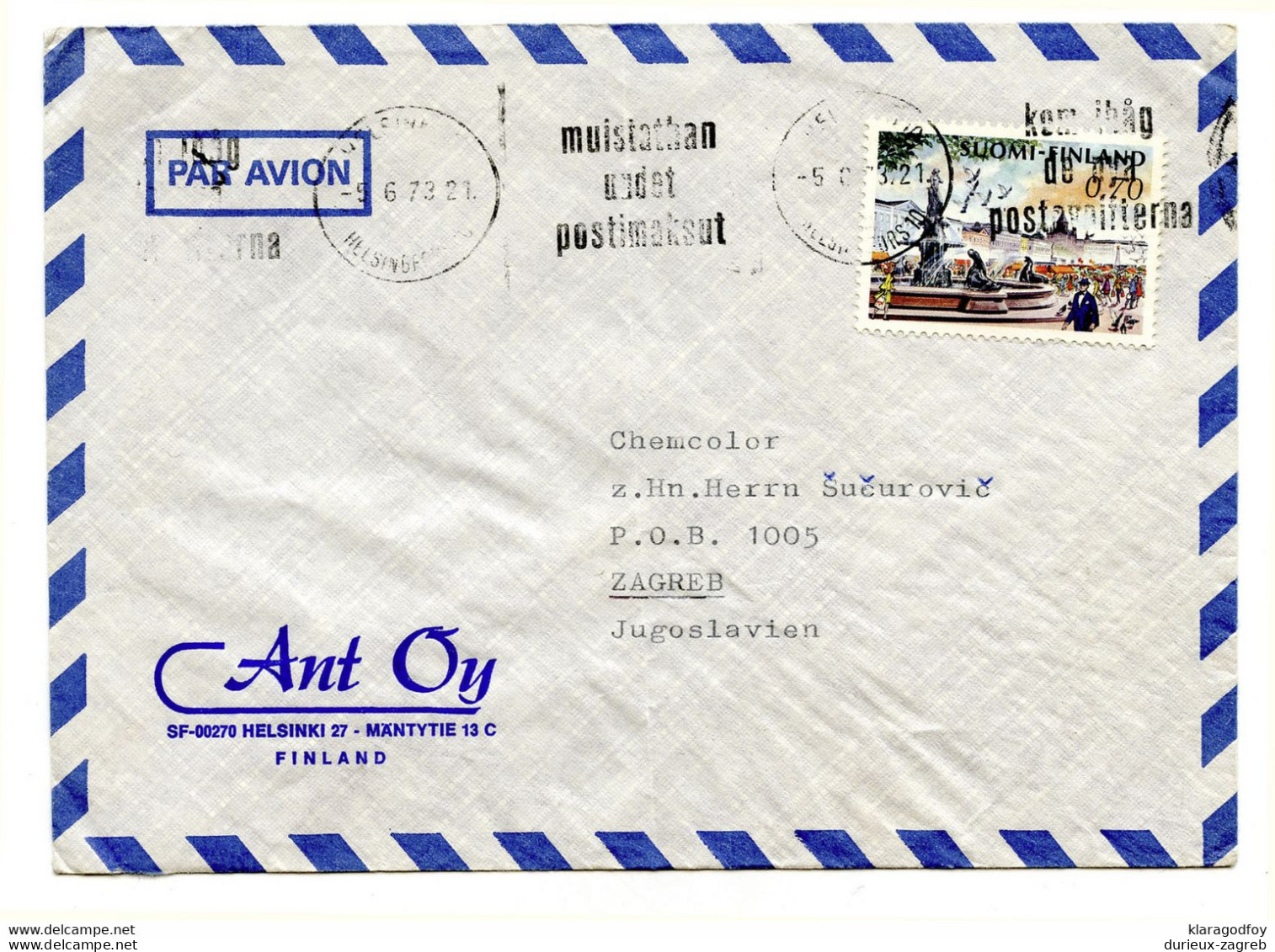 Ant Oy, Helsinki Company Air Mail Letter Cover Posted 1973 To Zagreb B201101 - Covers & Documents