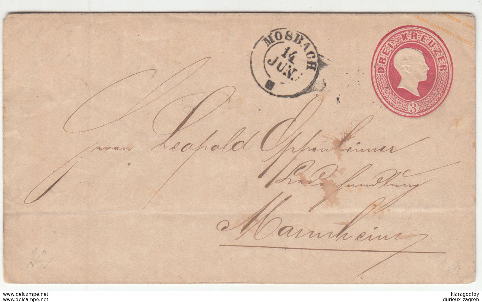 Baden, Postal Stationery Letter Cover Drei Kreuzer Posted 1860's? Mosbach To Mannheim B201001 - Ganzsachen