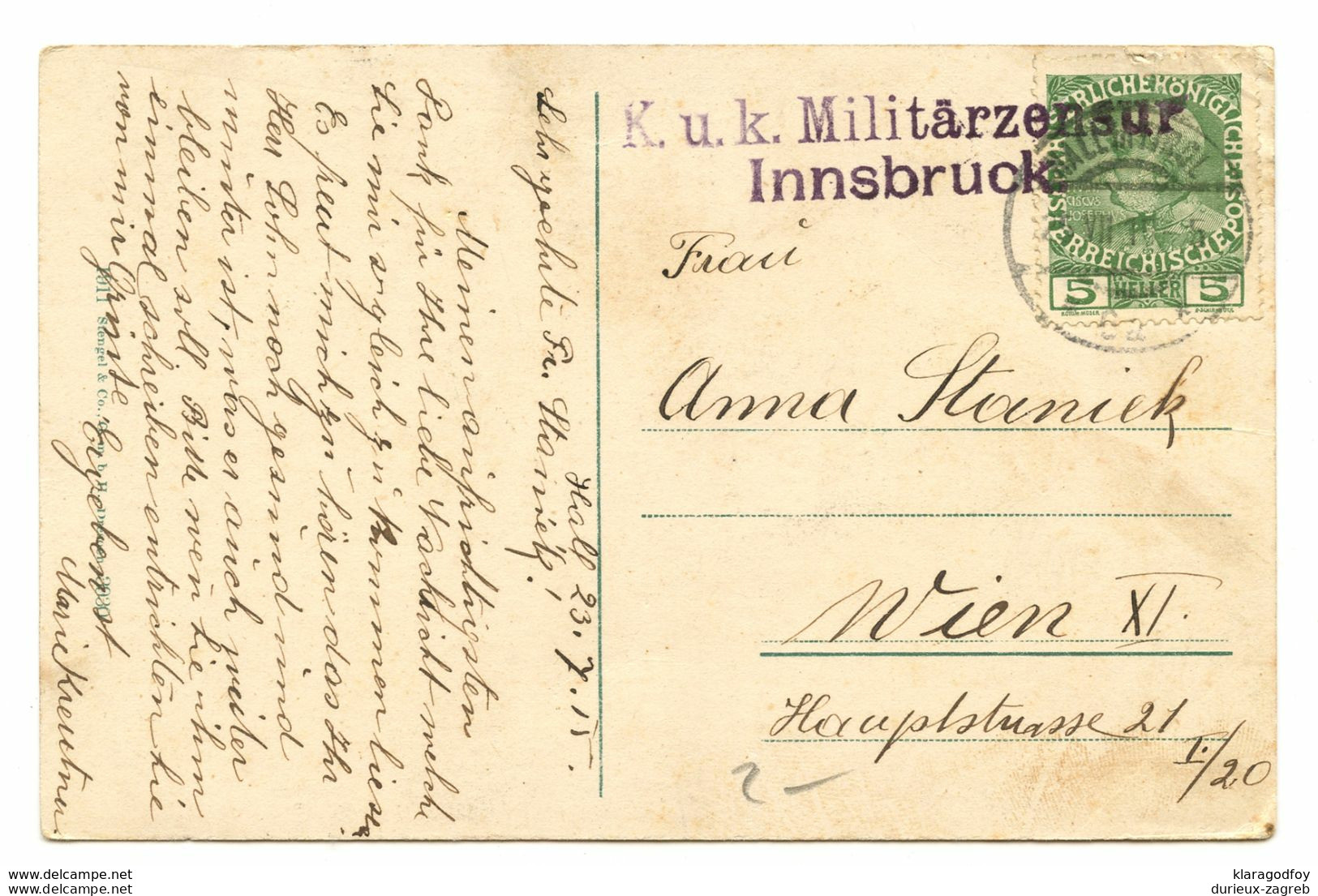 Hall In Tirol Old Postcard Censored K.u.k. Militärzensur Innsbruck Posted 1915 B200801 - Hall In Tirol