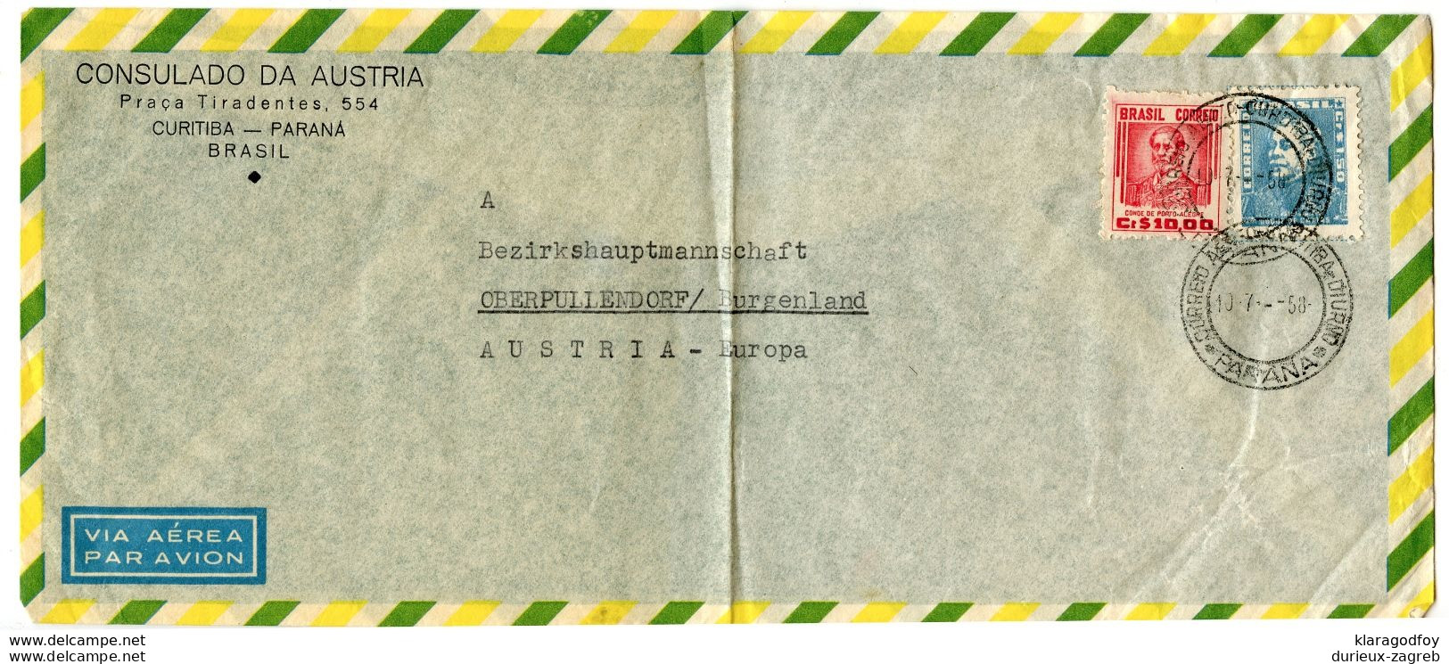 Brasil, Austrian Consulate In Curitiba Letter Cover Posted 1958 B200725 - Covers & Documents