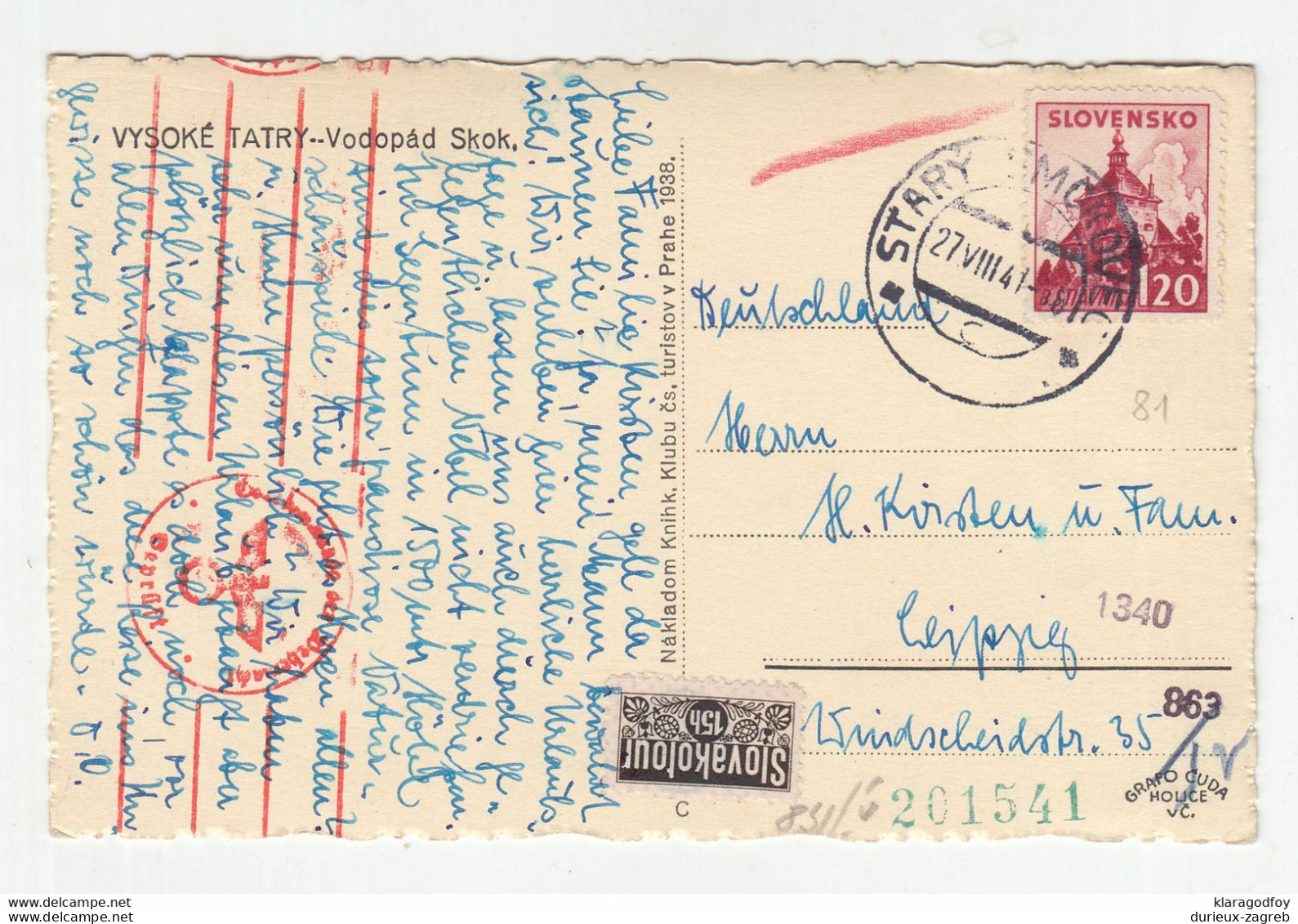 Slovakotour 15 Heller Reveneu On Vysoke Tatry - Vodopad Skok Postcard Posted 1941 To Leipzig B210310 - Lettres & Documents
