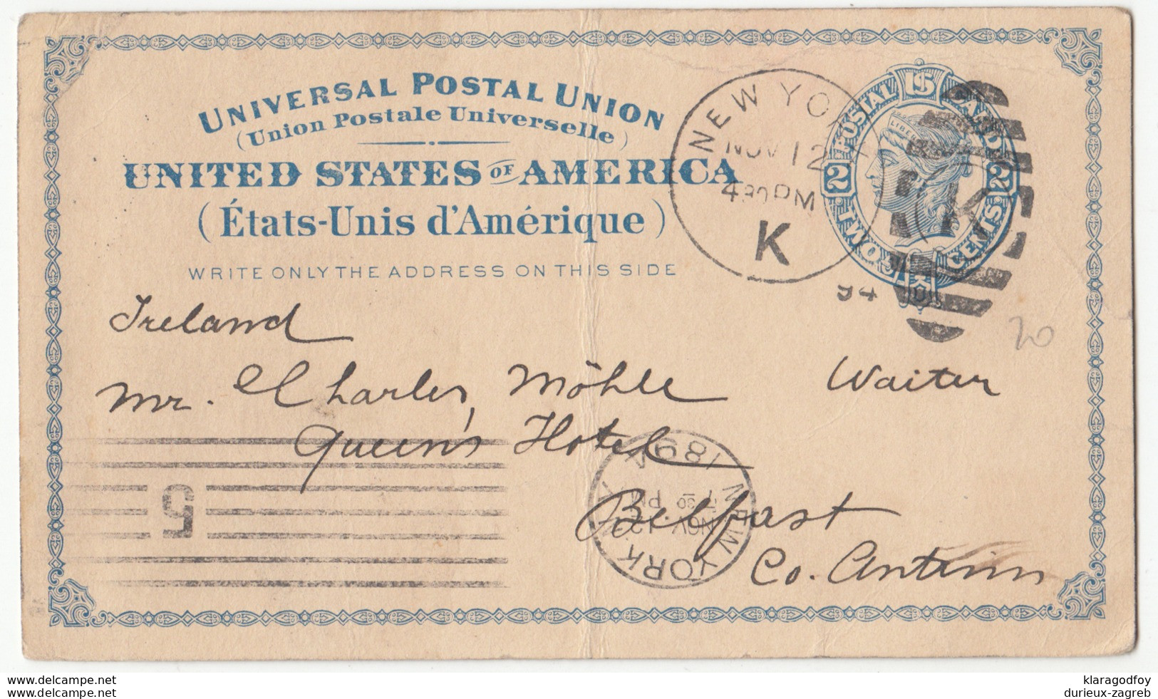 USA, Postal Stationery Postcard Travelled 1894 New York Pmk B180122 - ...-1900