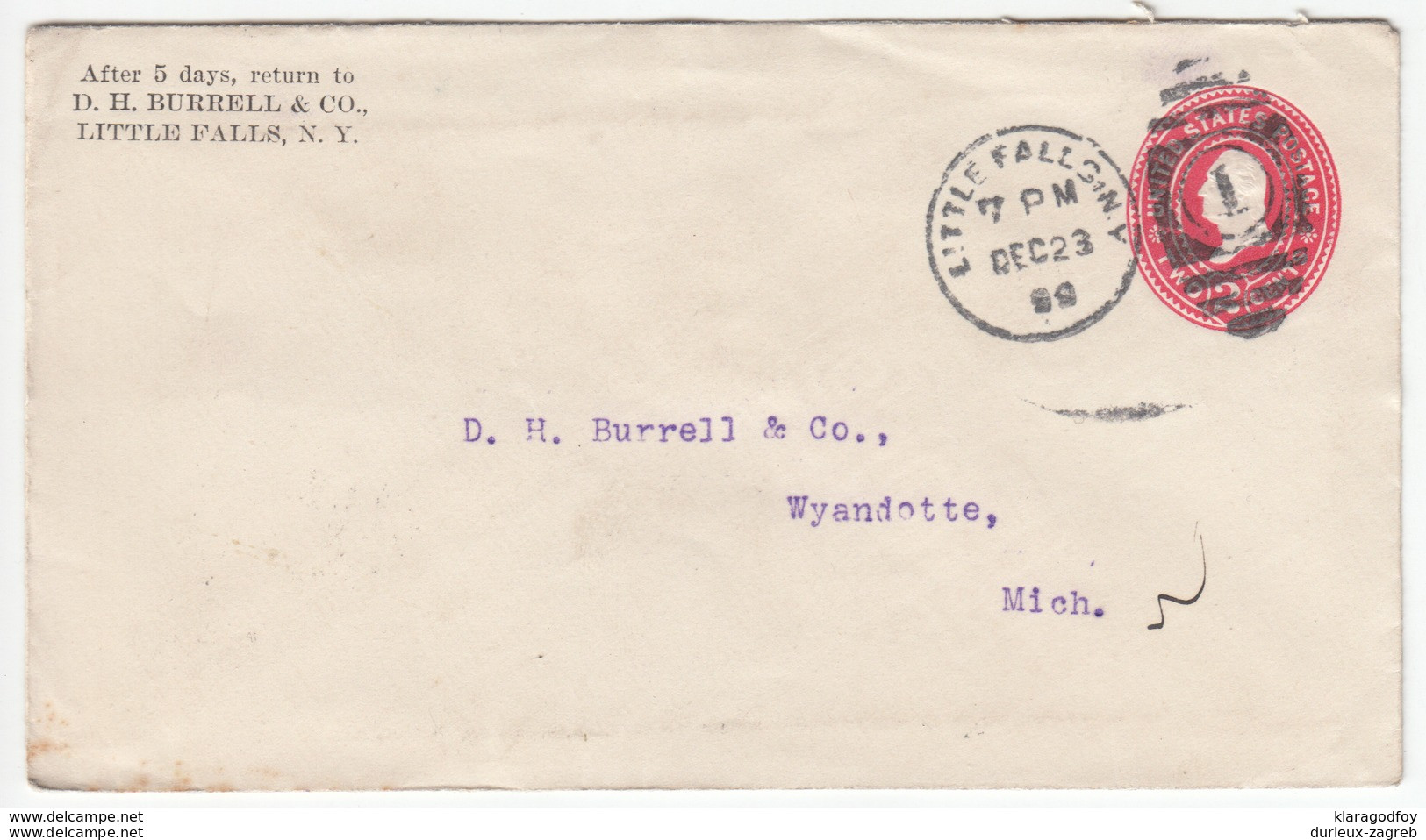 USA, D. H. Burrell & Co. Postal Stationery Letter Cover Travelled 1899 Little Falls (NY) To Wyandotte (MI) B180122 - ...-1900