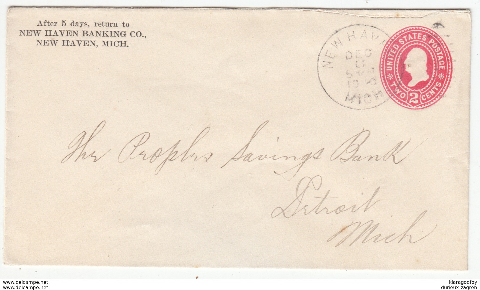 USA, New Haven Banking Co. Postal Stationery Letter Cover Travelled 1900 New Haven To Detroit B180122 - ...-1900
