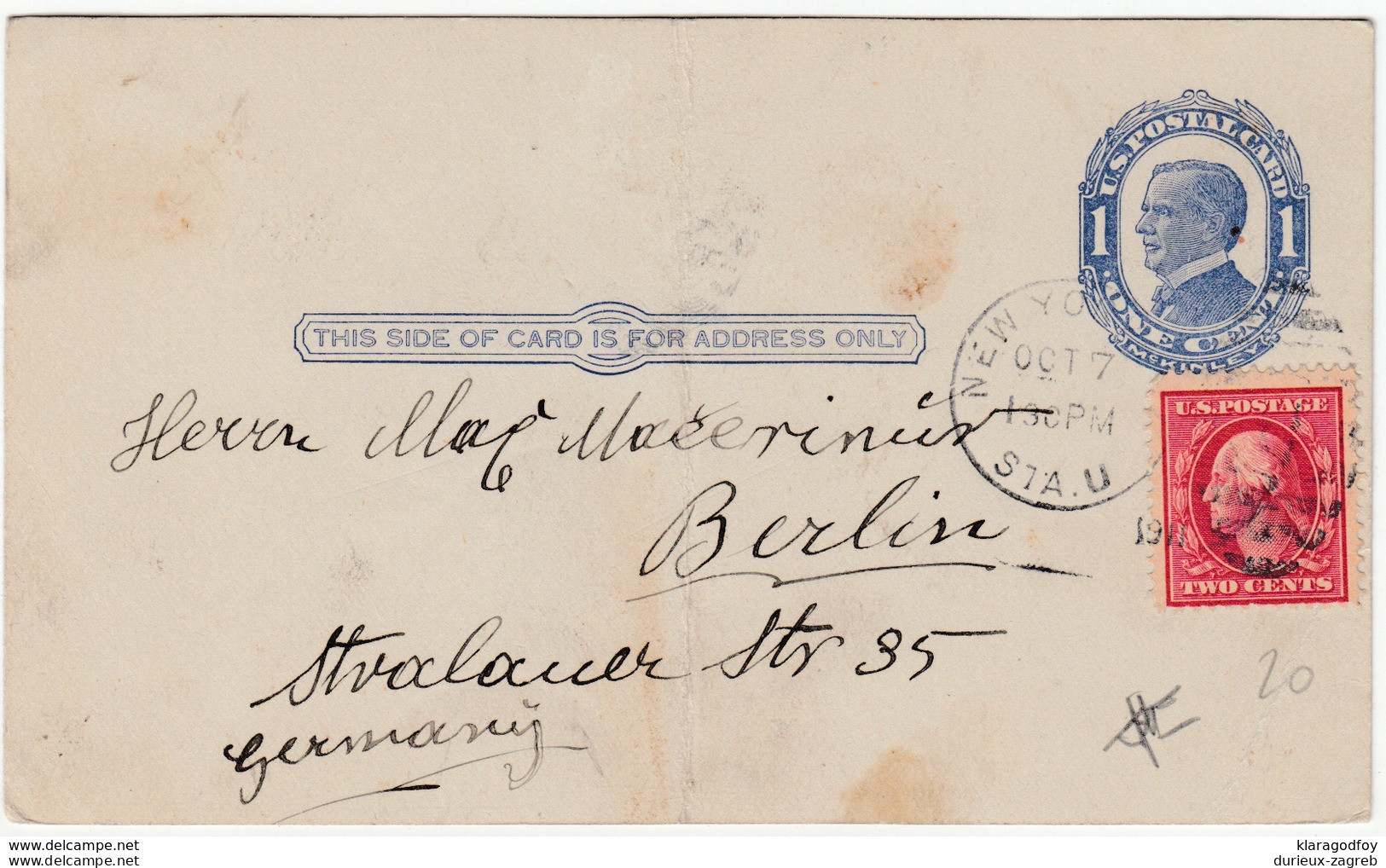 USA, Postal Stationery Postcard Travelled 191? New York Pmk B180122 - 1901-20