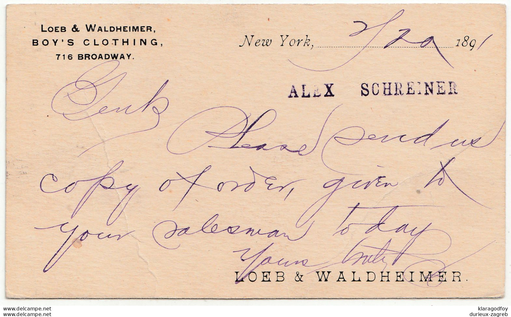 USA, Loeb & Waldheimer, Boy's Clothing Postal Stationery Postcard Travelled 1891? New York Pmk B180122 - ...-1900