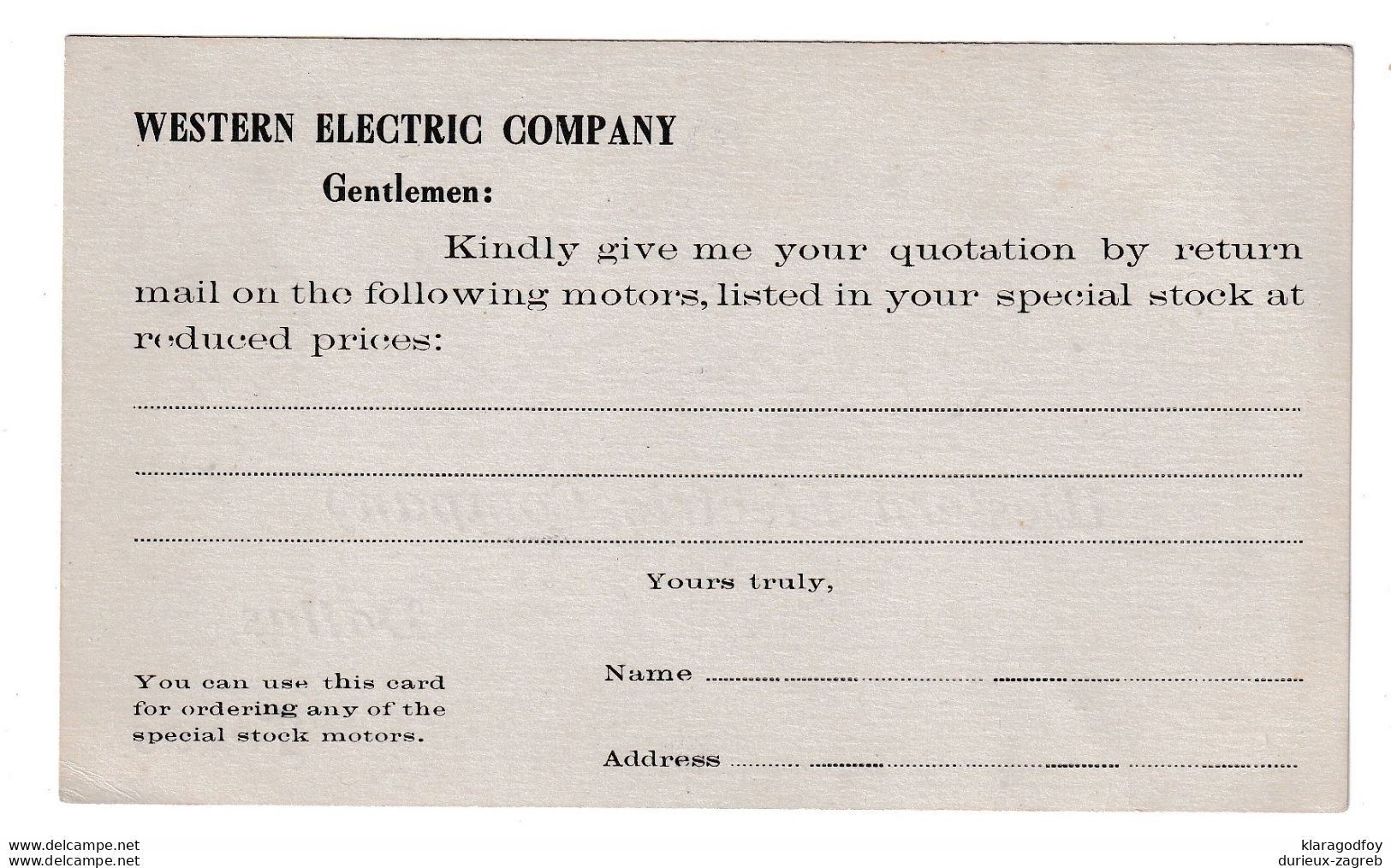 Western Electric Company, Dallas, Texas Preprinted Reply Postal Stationery Postcard Unused B210112 - 1901-20