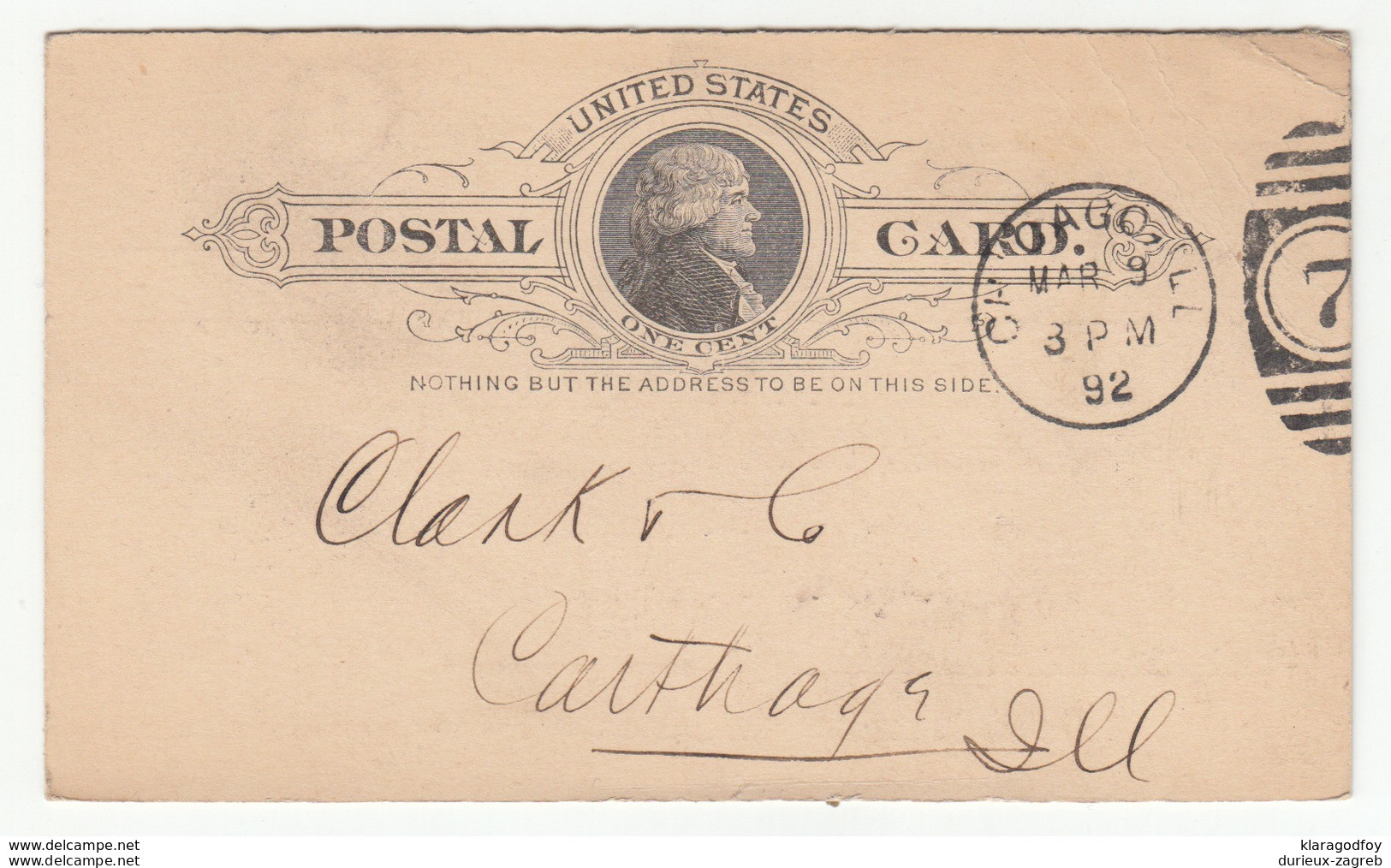 Joseph Rahborne & Co., Chicago Preprinted Postal Stationery Postcard Travelled 1892 To Carthaga B190610 - ...-1900