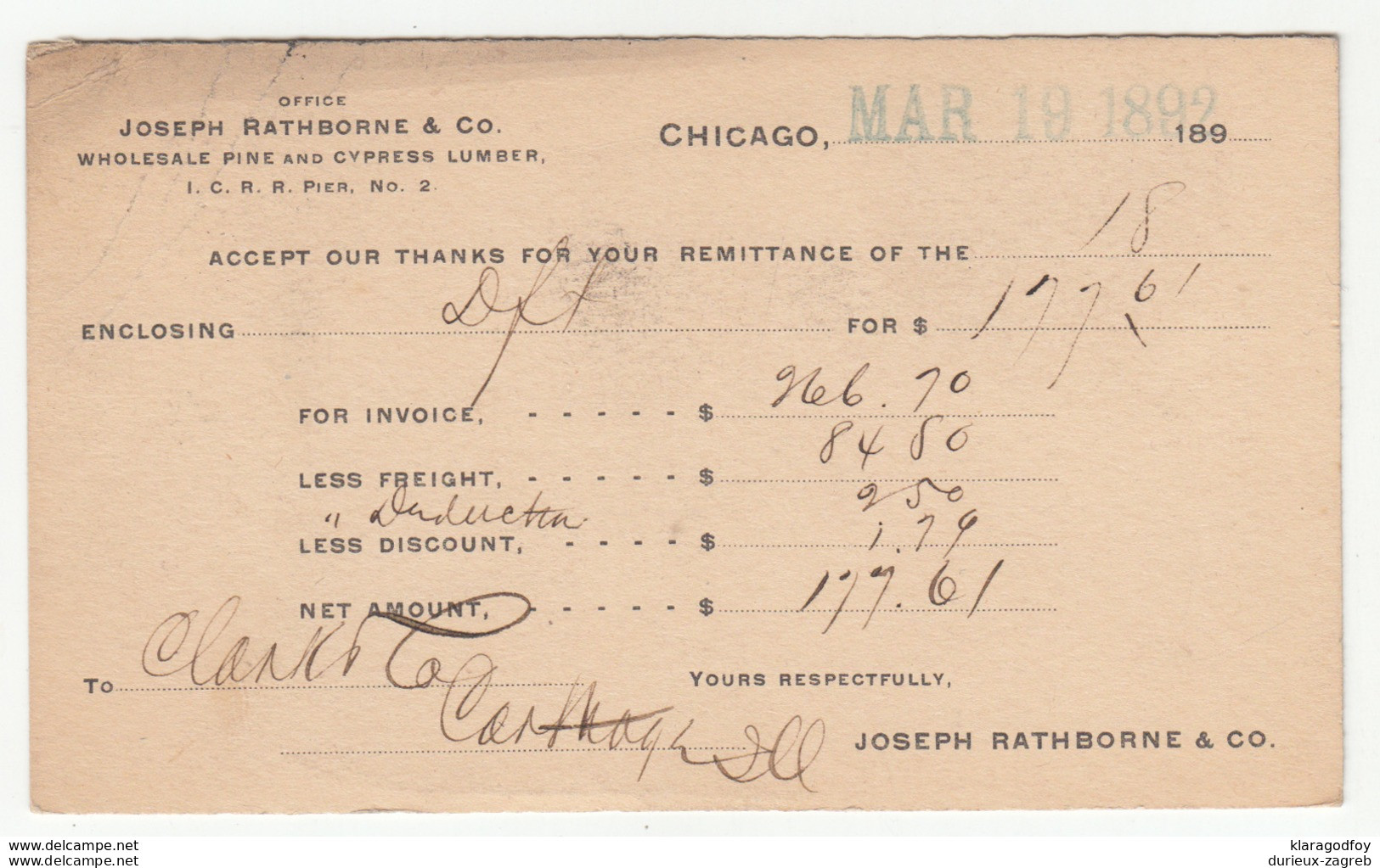 Joseph Rahborne & Co., Chicago Preprinted Postal Stationery Postcard Travelled 1892 To Carthaga B190610 - ...-1900