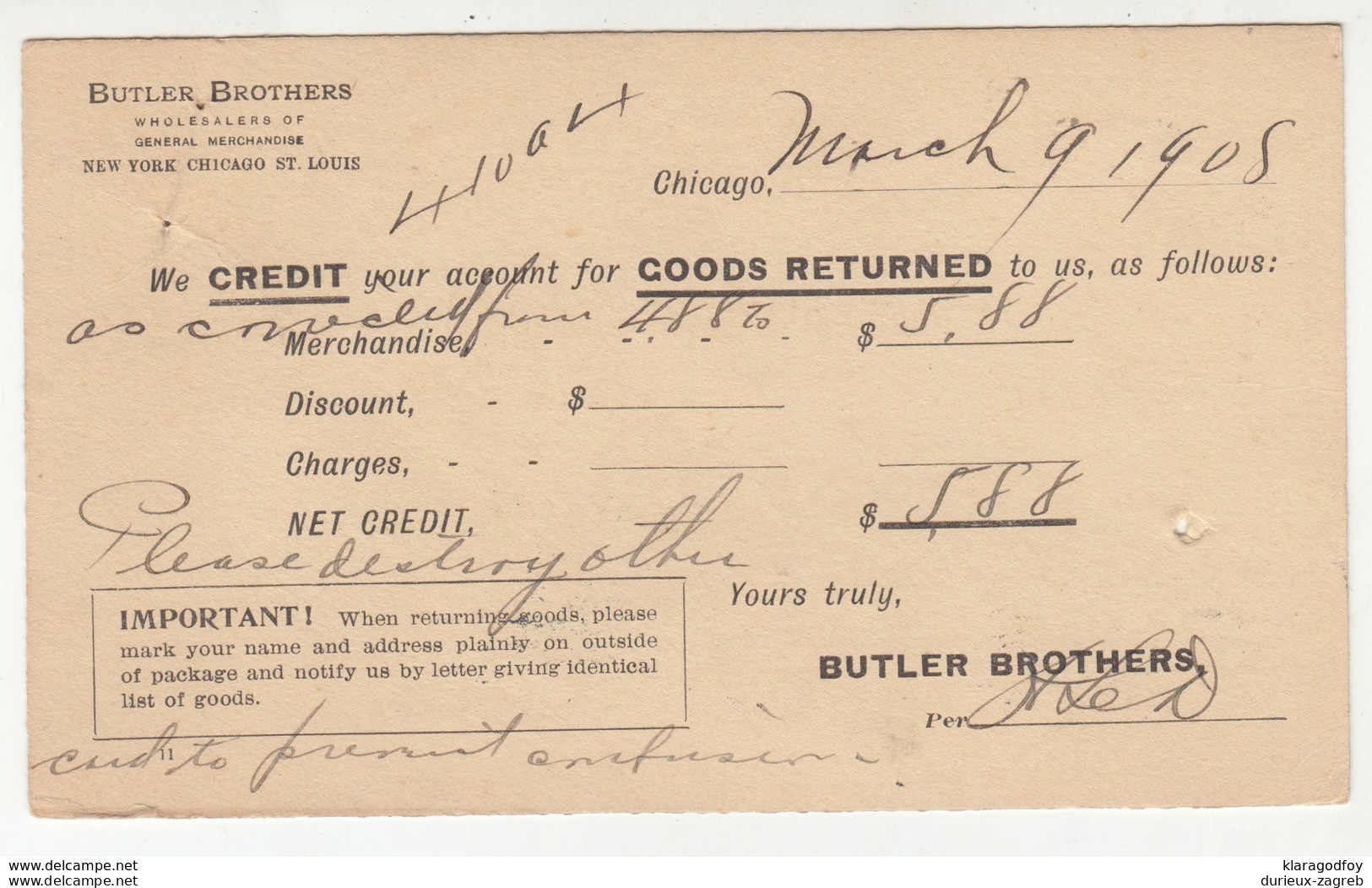 Butler Brothers, Chicago Preprinted Postal Stationery Postcard Travelled 1908 B190610 - 1901-20