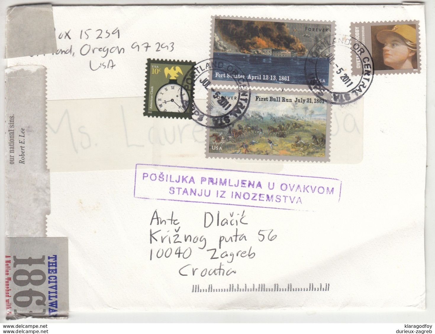 USA, Letter Cover Travelled 2011 Portland To Zagreb B180820 - Storia Postale