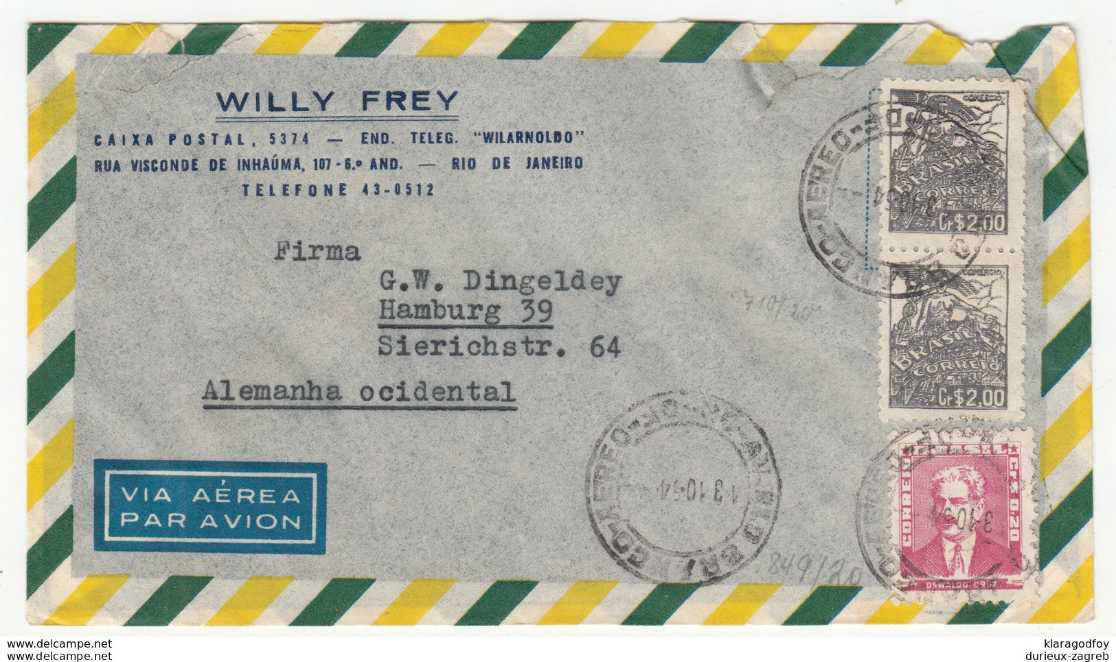 Brazil, Willy Frey Airmail Letter Cover Travelled 1954 B180201 - Covers & Documents