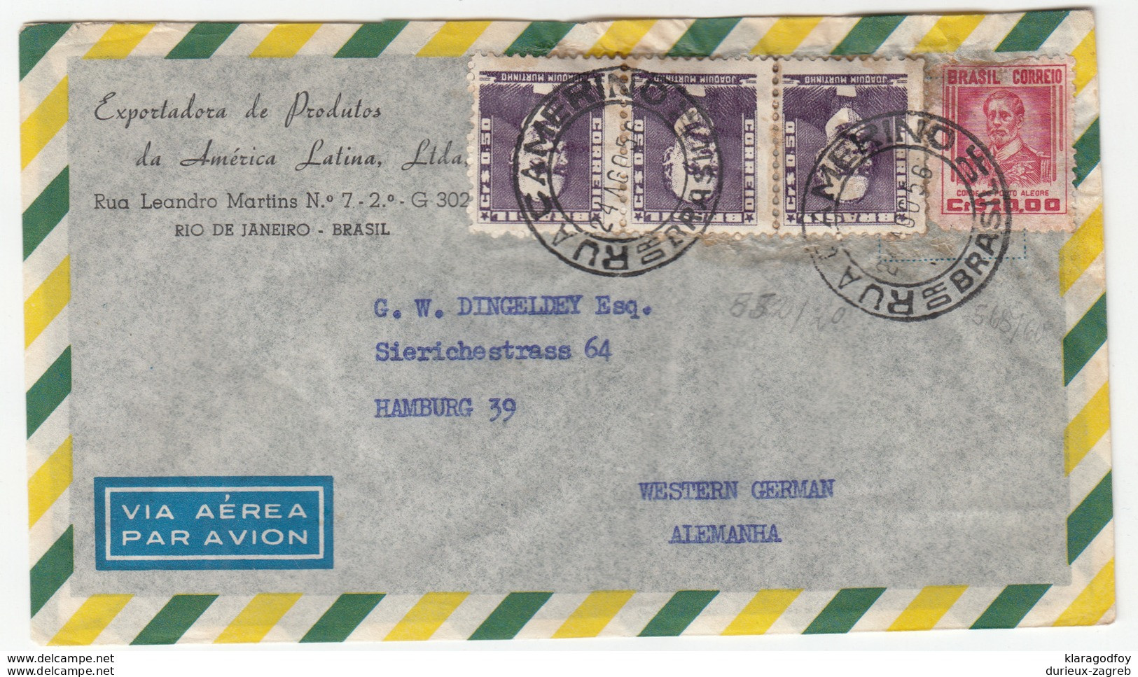 Brazil, Exportadora De Produtos Da America Latina Ltd. Airmail Letter Cover Travelled 1956 Rua Camerino Pmk B180201 - Cartas & Documentos