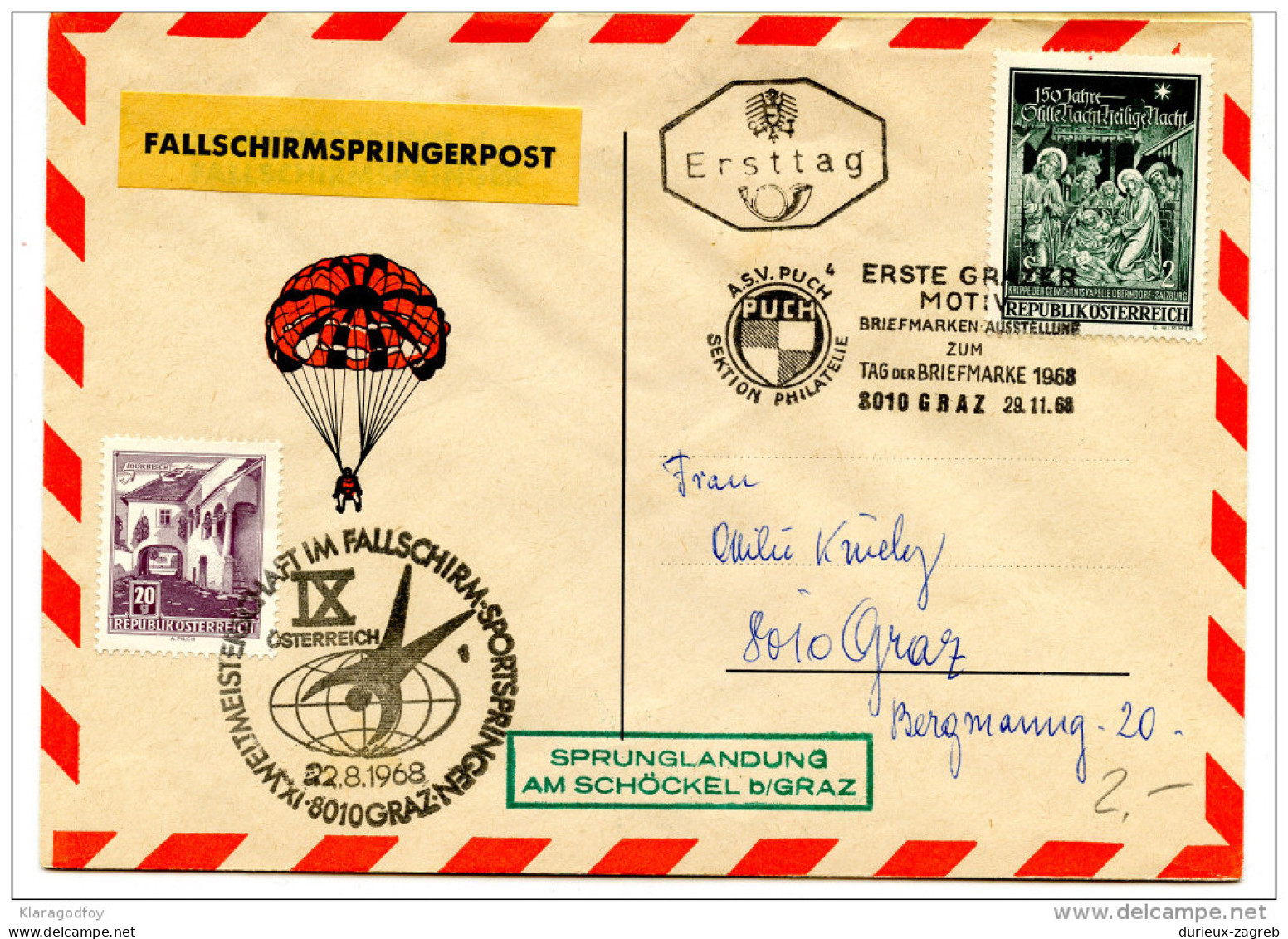 Austria Fallschirmspringerpost Parachute Post Letter Cover Sprunglandung Am Scöckel B/Graz 1968 Bb151217 - Altri & Non Classificati