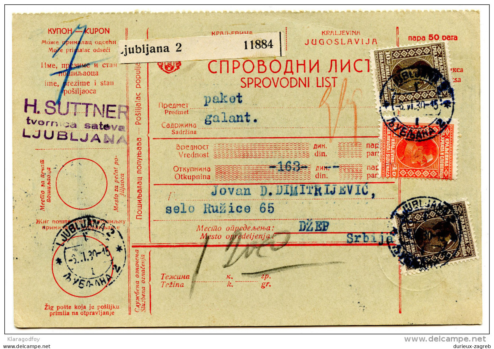 Yugoslavia Kingdom SHS 1930 Sprovodni List - Parcel Card Ljubljana - Dzep Bb151211 - Sonstige & Ohne Zuordnung