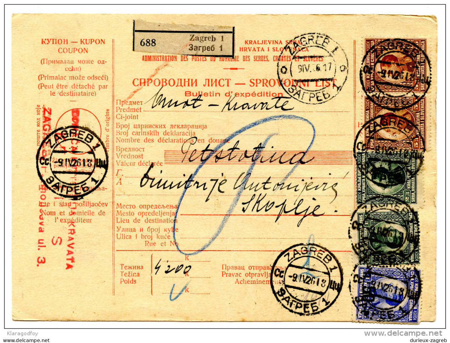 Yugoslavia Kingdom SHS 1926 Sprovodni List - Parcel Card Zagreb - Skoplje Bb151211 - Sonstige & Ohne Zuordnung