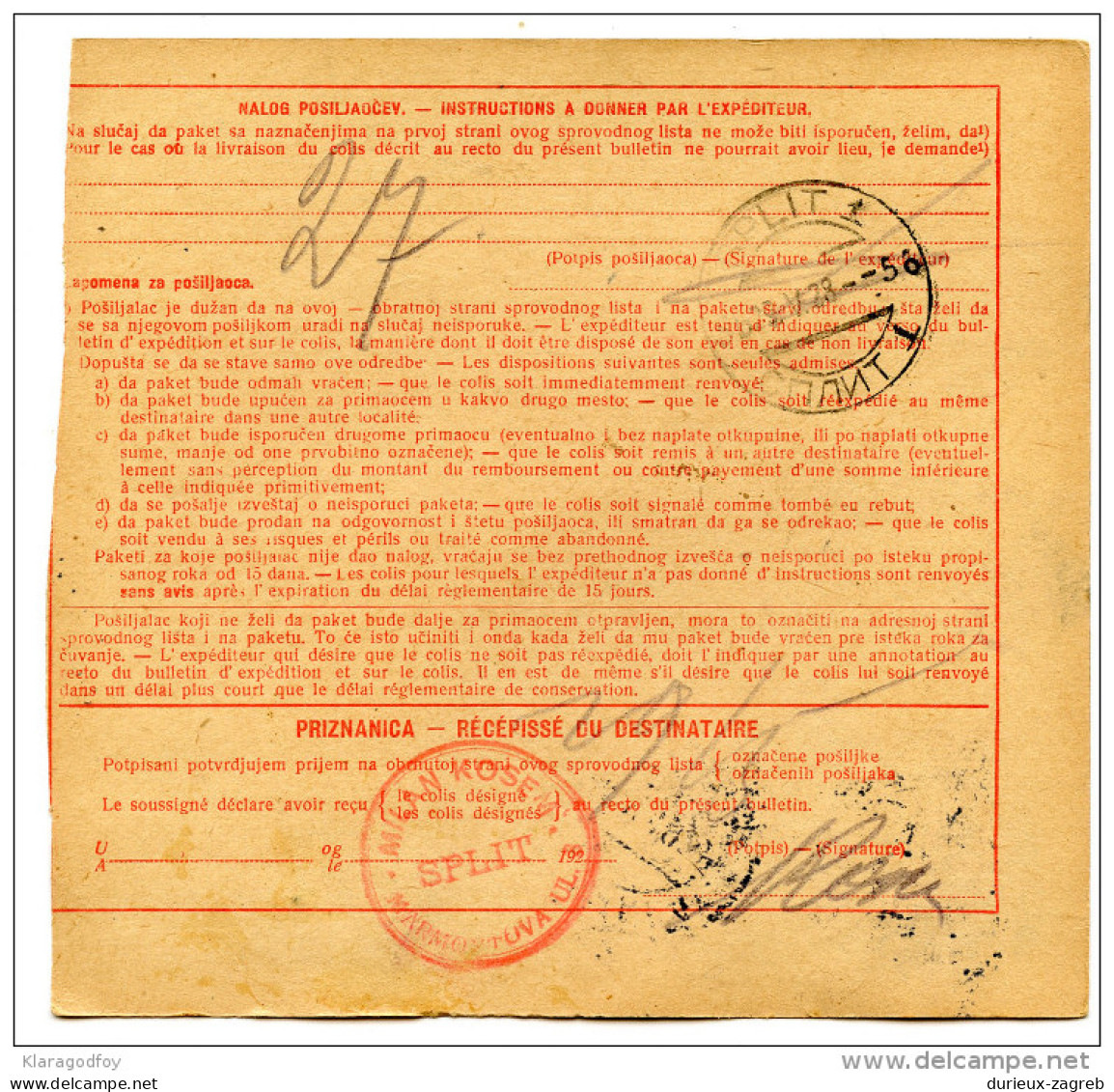 Yugoslavia Kingdom SHS 1928 Sprovodni List - Parcel Card Beograd - Split Bb151204 - Andere & Zonder Classificatie